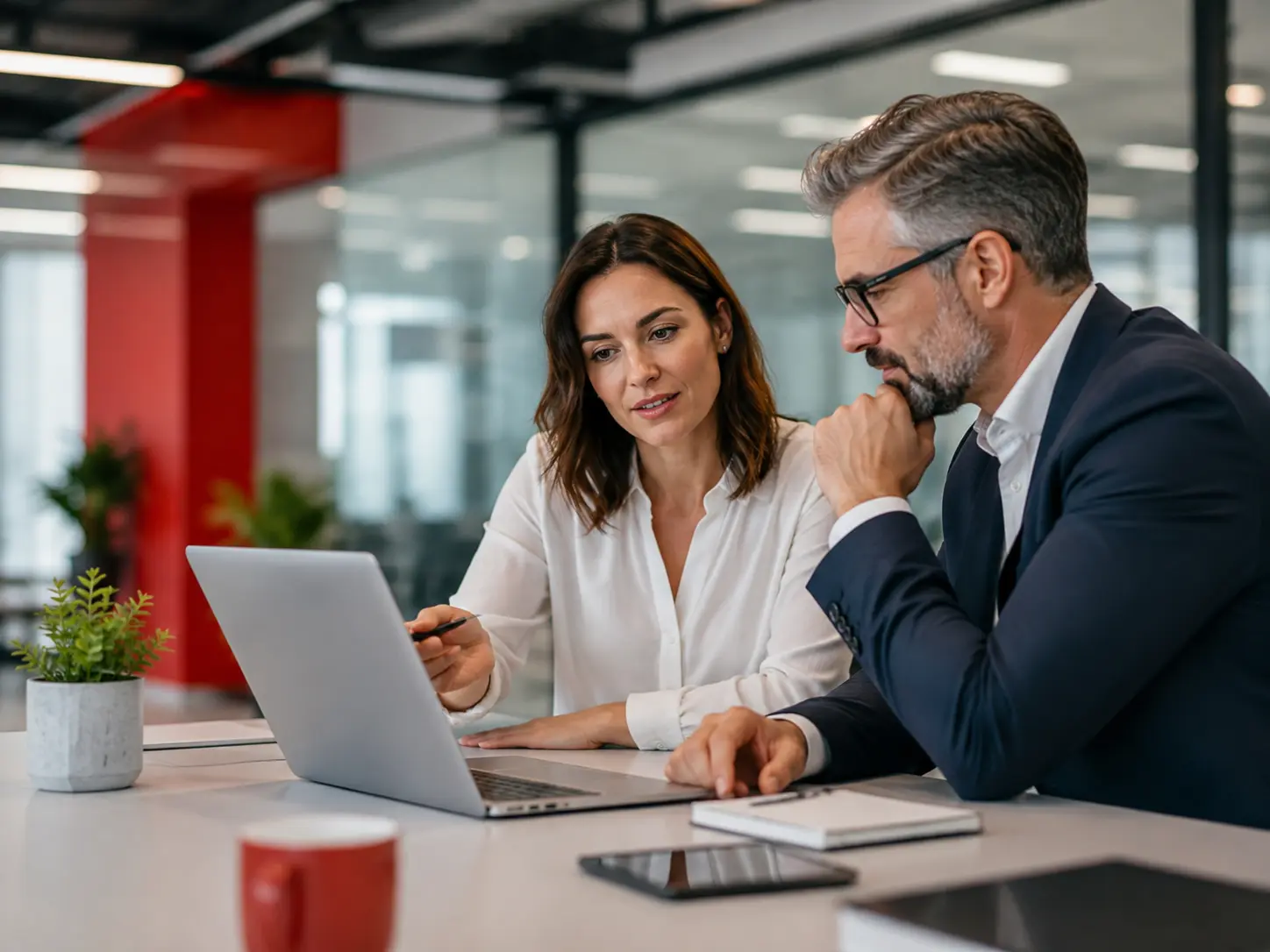 Two recruiters reviewing candidate profiles on a laptop